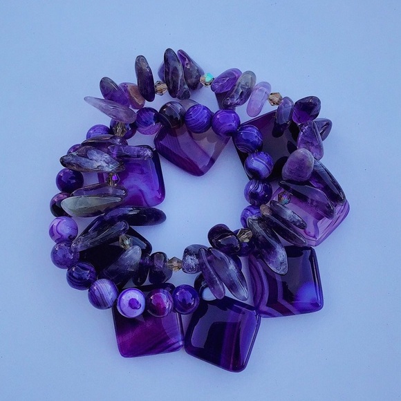 Natural Purple Striped Agate Gemstone Smooth Mixed Bead Bracelet Stack - Picture 6 of 7